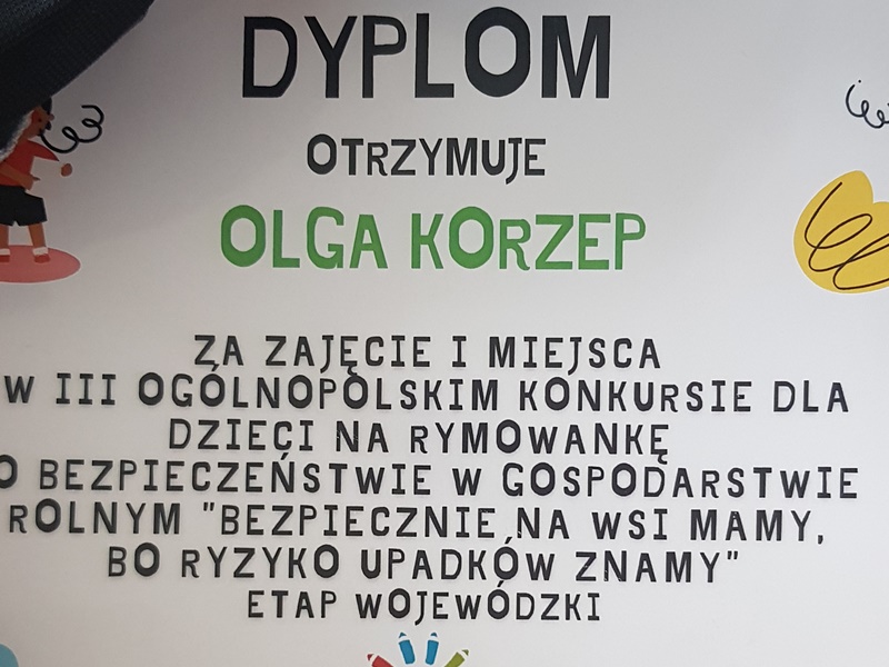 Dyplom dla Olgi Korzep za zajęcie pierwszego miejsca